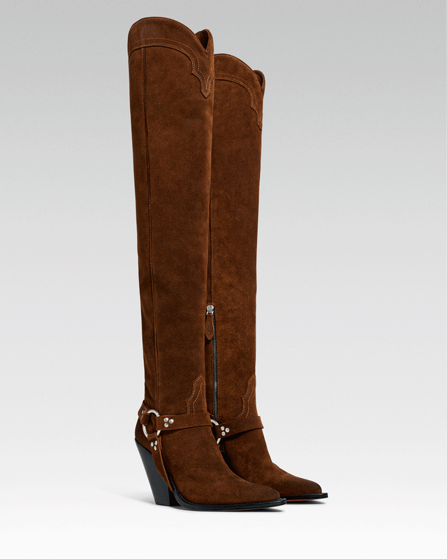 REYNOSA BELT Women's Over The Knee Boots in Rusty Brown Suede Oil | Leather Harness